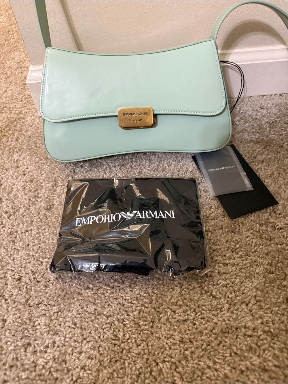 Emporio Armani Mint Green Leather Shoulder Bag with Gold Hardware
